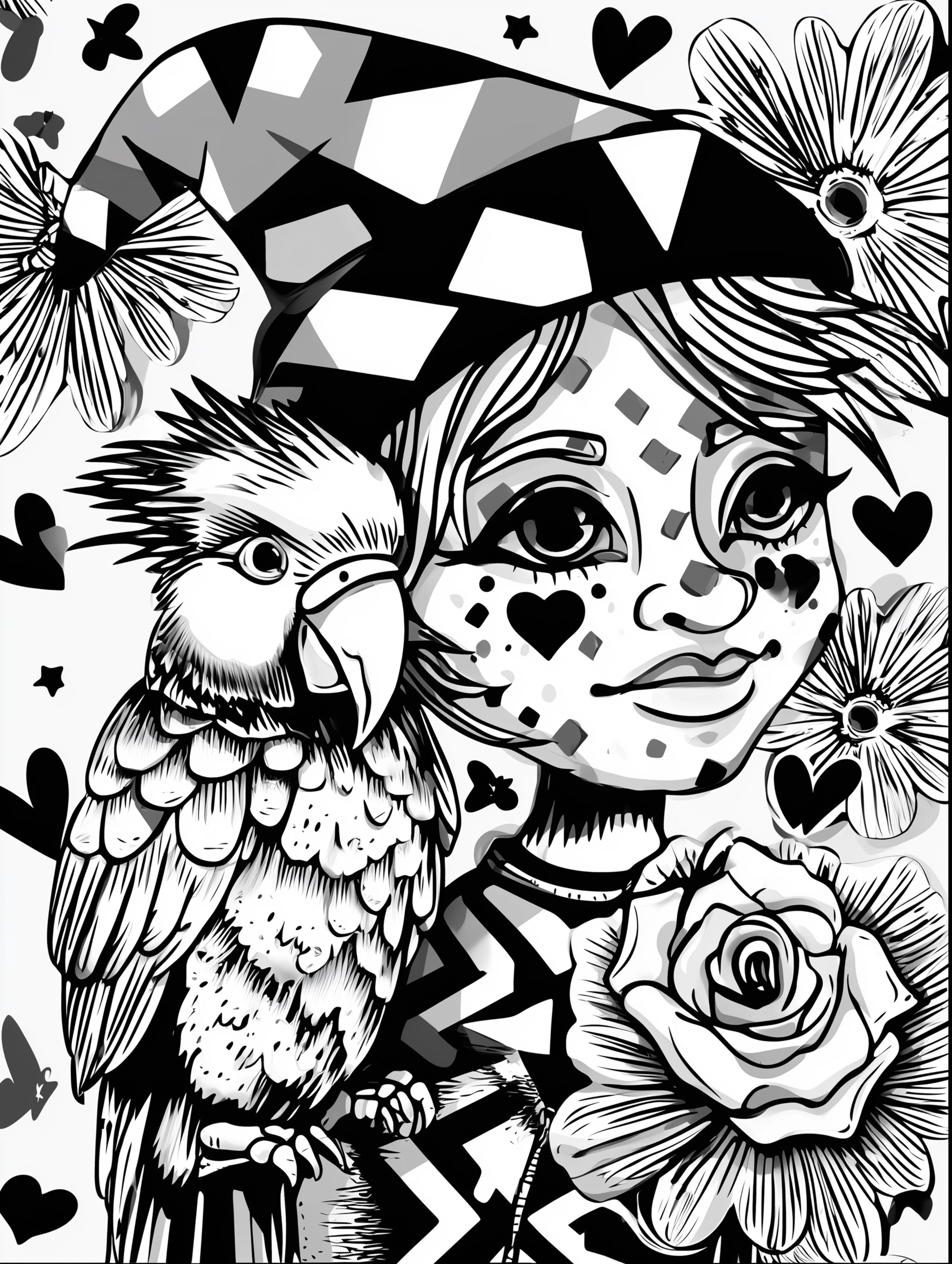 Free printable gnome coloring page for adults featuring a gnome with a parrot on the right shoulder